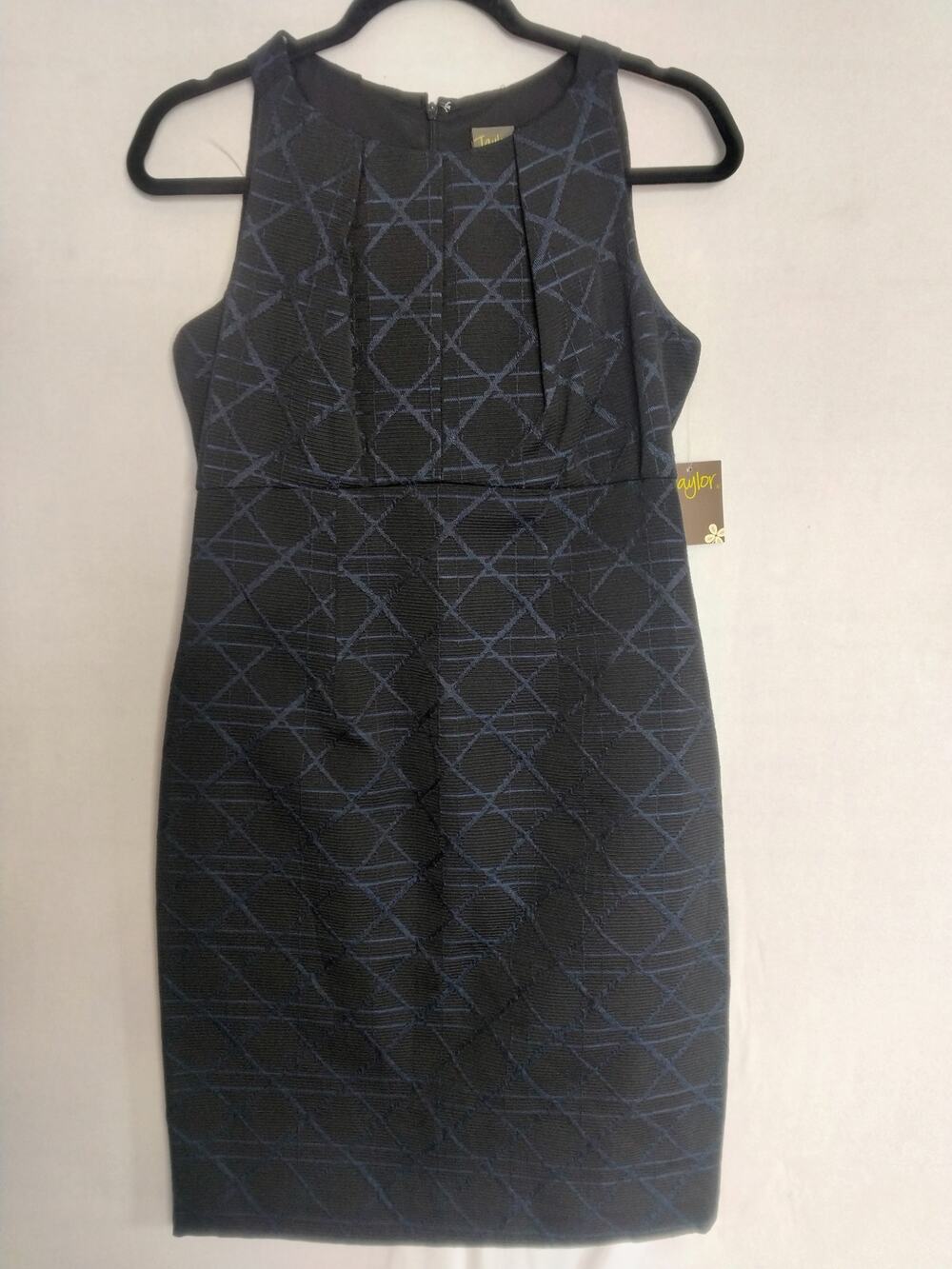 NWT Taylor Geometric Jacquard Sheath Dress Sz 4 Black Blue Corporate Cocktail